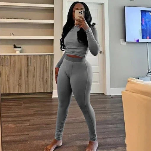 New Ribbing 2 Piece Sets Women Outfit Solid Long Sleeve Crop Top + High Waist Leggings Suits Sportswear - GilloServ