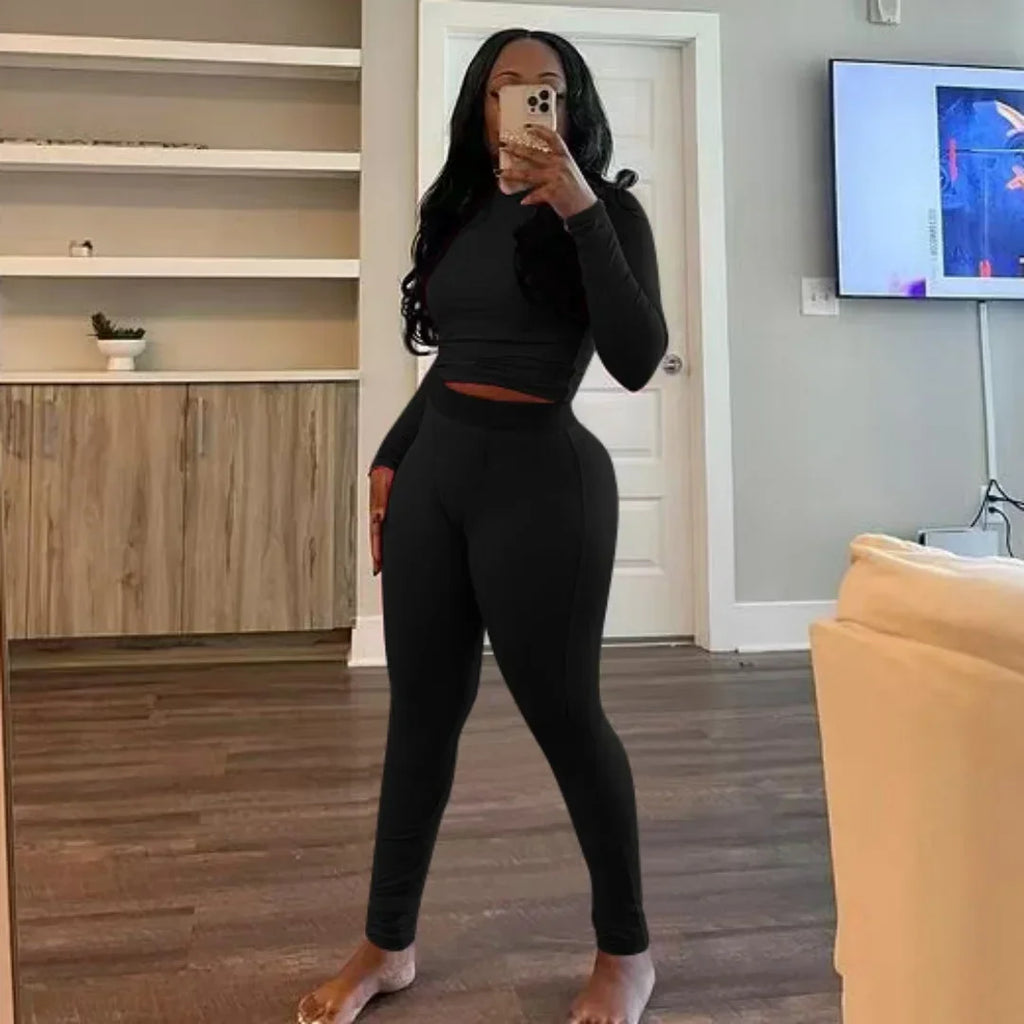 New Ribbing 2 Piece Sets Women Outfit Solid Long Sleeve Crop Top + High Waist Leggings Suits Sportswear - GilloServ