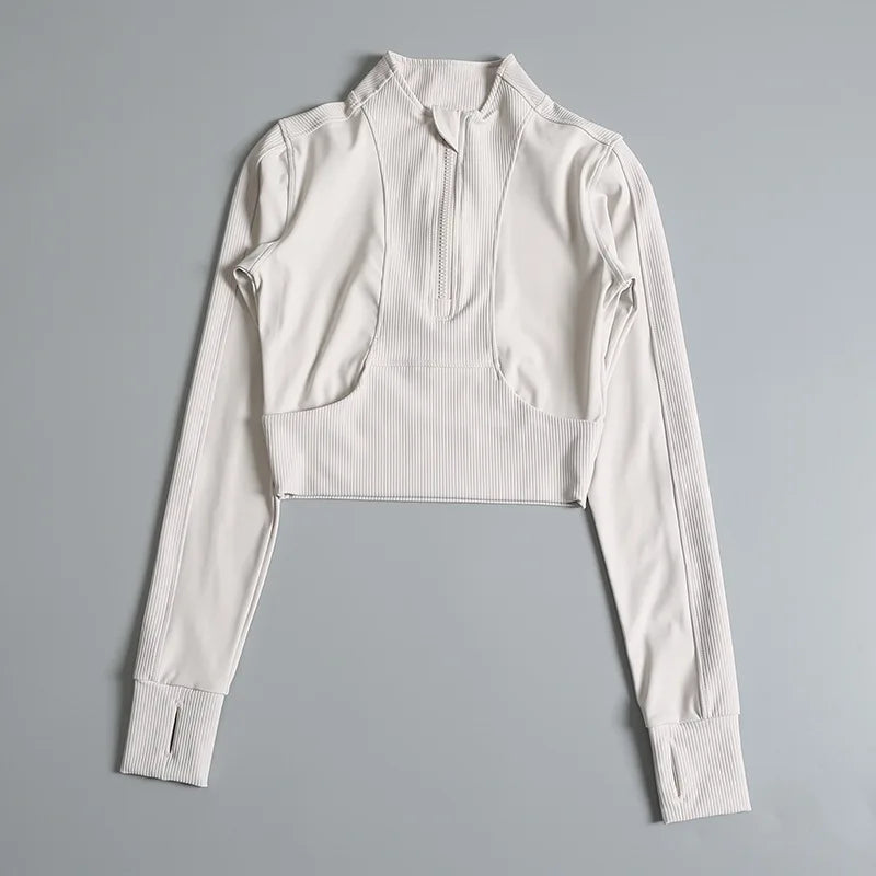 Women Cropped Sports Jacket Half Zipper High Collar Tight Yoga Activewear - GilloServ