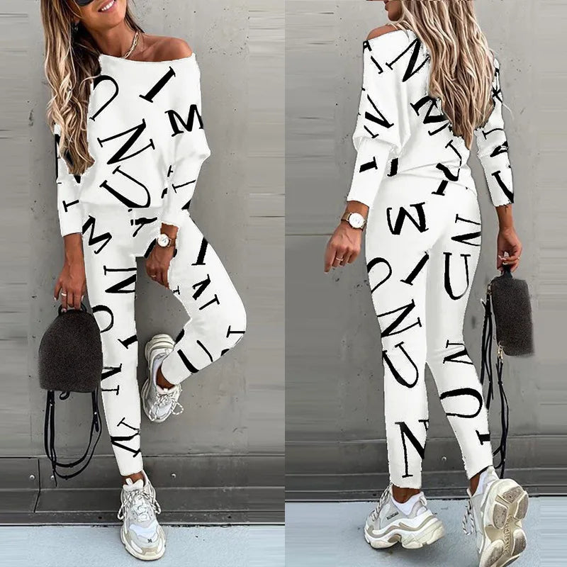 2-piece Set Of Women's Fashion Letter Print Sexy Off-shoulder Leggings Trousers Autumn New Casual Comfortable Sportswear - GilloServ