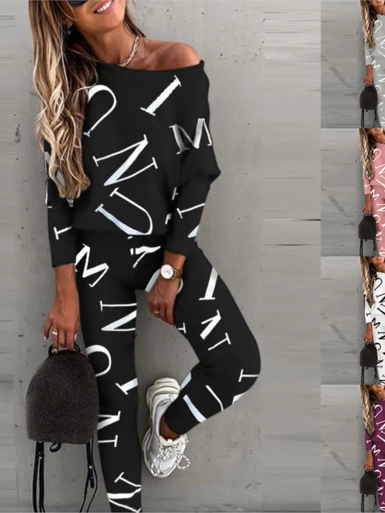 2-piece Set Of Women's Fashion Letter Print Sexy Off-shoulder Leggings Trousers Autumn New Casual Comfortable Sportswear - GilloServ