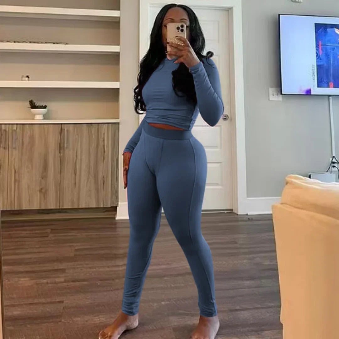 New Ribbing 2 Piece Sets Women Outfit Solid Long Sleeve Crop Top + High Waist Leggings Suits Sportswear - GilloServ