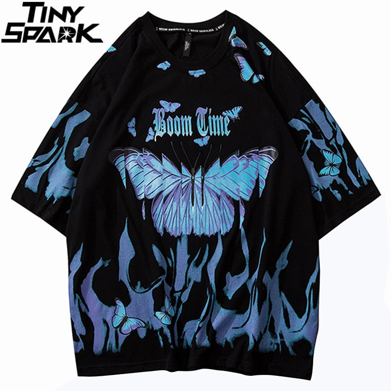 Mens Hip Hop T Shirts Blue Fire Flame Butterfly Streetwear - GilloServ