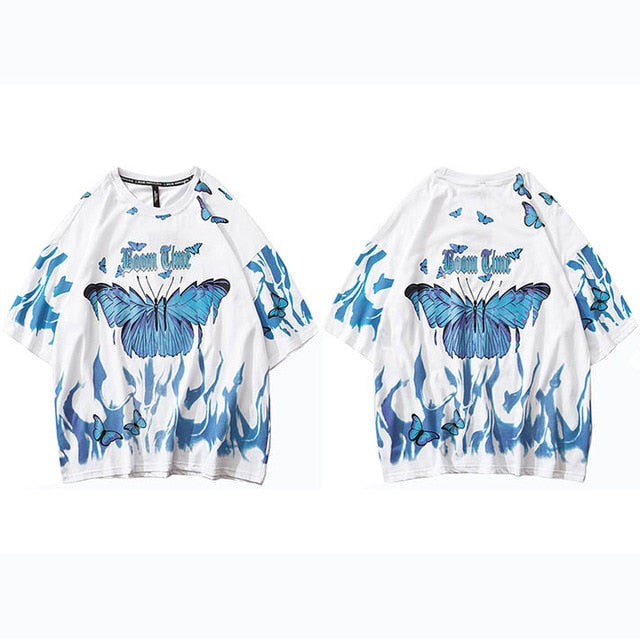 Mens Hip Hop T Shirts Blue Fire Flame Butterfly Streetwear - GilloServ