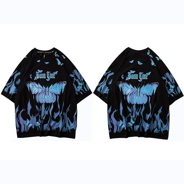 Mens Hip Hop T Shirts Blue Fire Flame Butterfly Streetwear - GilloServ