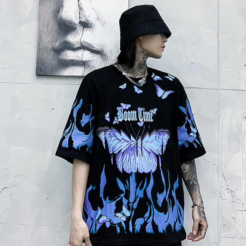 Mens Hip Hop T Shirts Blue Fire Flame Butterfly Streetwear - GilloServ