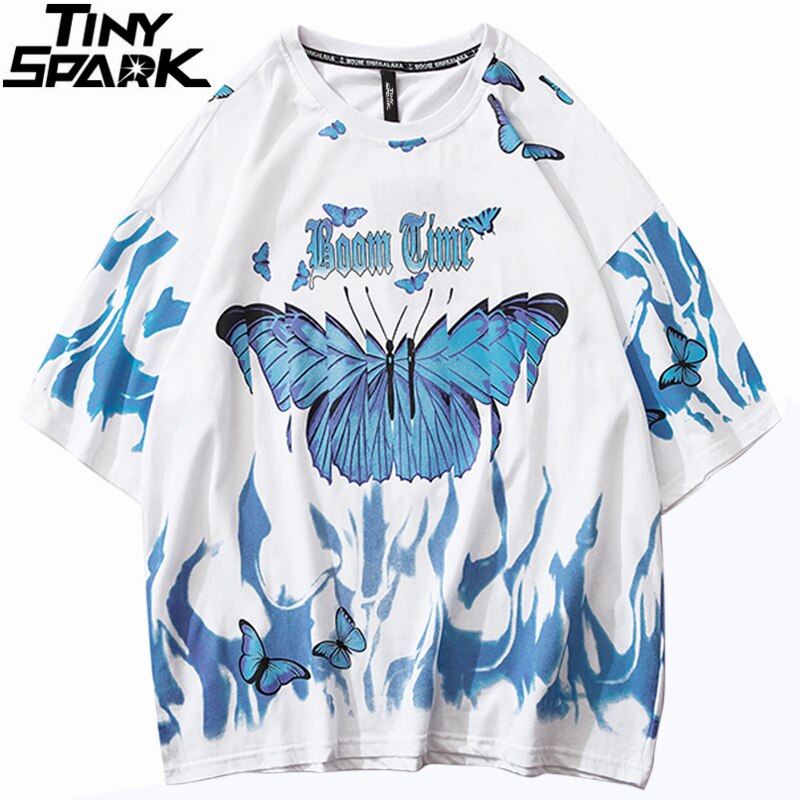 Mens Hip Hop T Shirts Blue Fire Flame Butterfly Streetwear - GilloServ