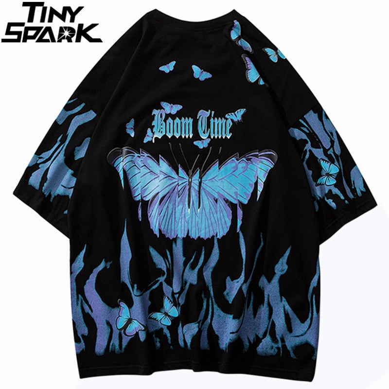 Mens Hip Hop T Shirts Blue Fire Flame Butterfly Streetwear - GilloServ