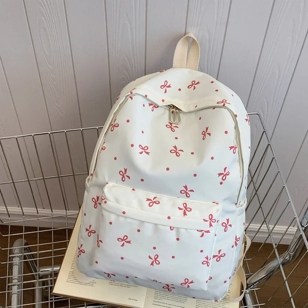For Women Campus Life Back To School Backpack Playful Bow Print Bookbag Quilted Comfort Multi Pocket Organization System - GilloServ
