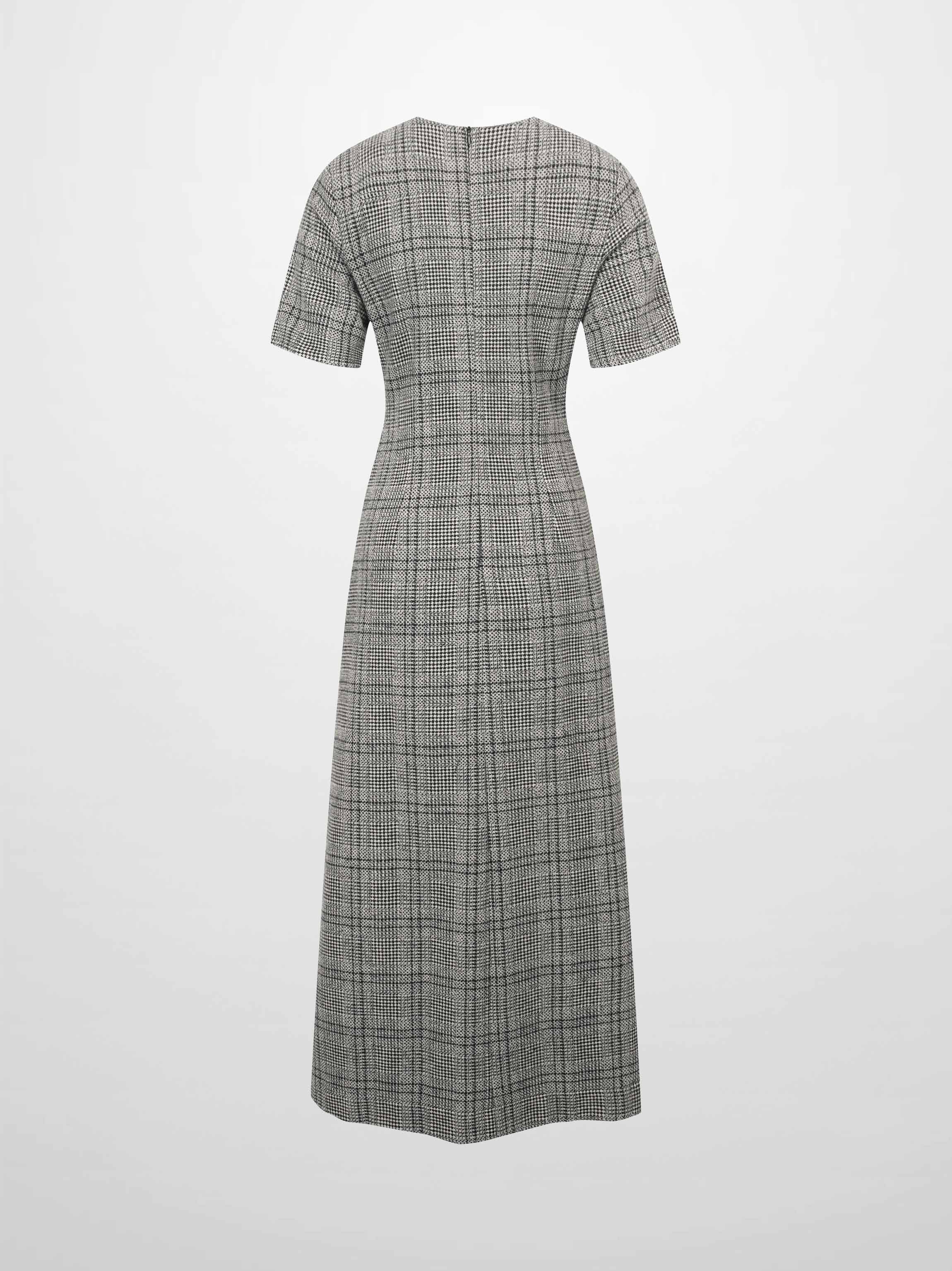 Front Pleat Square Neck Dress-Black/White Plaid-2