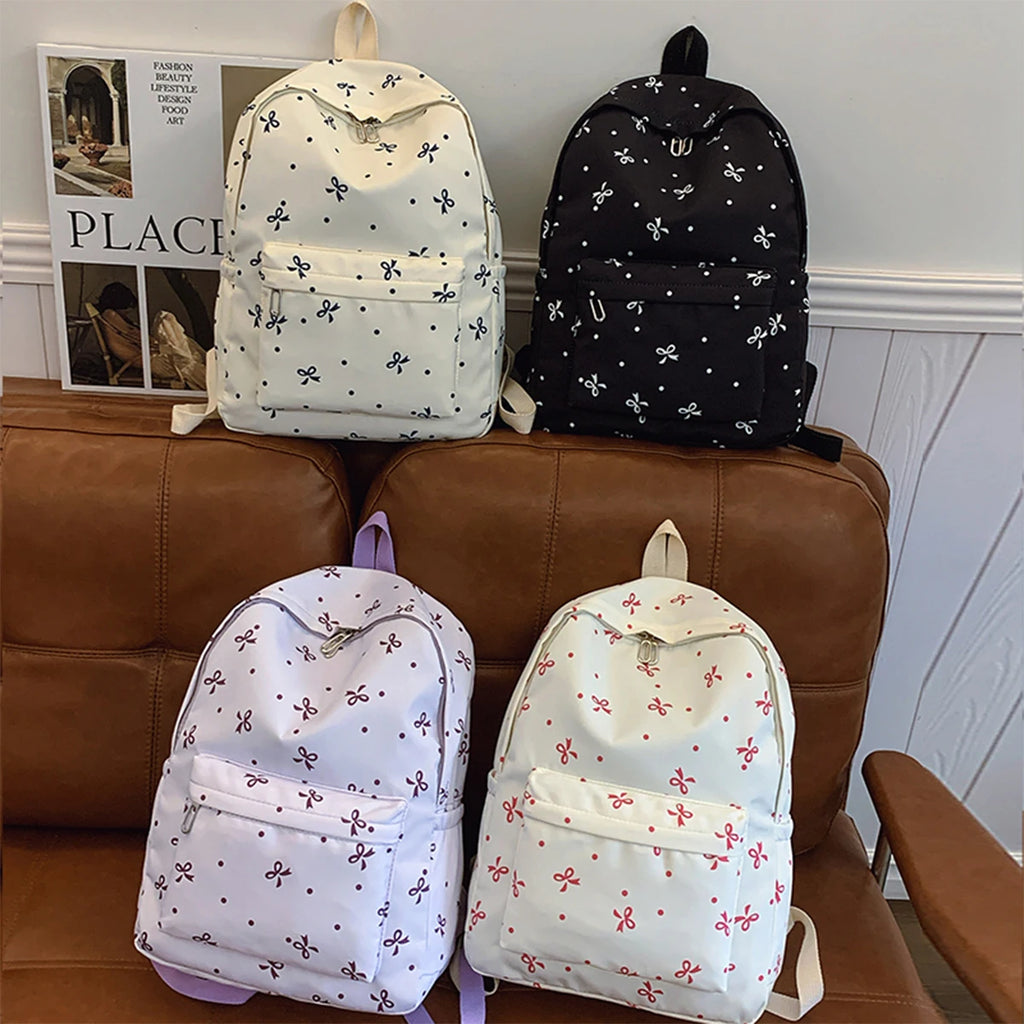 Back To School Backpack Playful Bow Print Bookbag Quilted Comfort and Multi-Pocket Organization System for Women's Campus Life - GilloServ