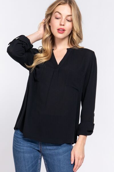ACTIVE BASIC Full Size Notched Long Sleeve Woven Top - GilloServ