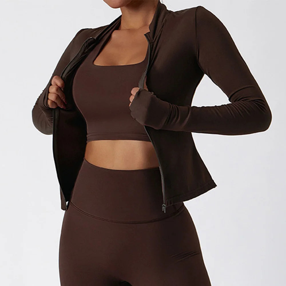 Women Zipper Jacket Yoga T-shirts Solid Sports Top// Long Sleeve Crop Tops Running Shirts Sexy Quick Dry Fitness Gym Sport Wear - GilloServ