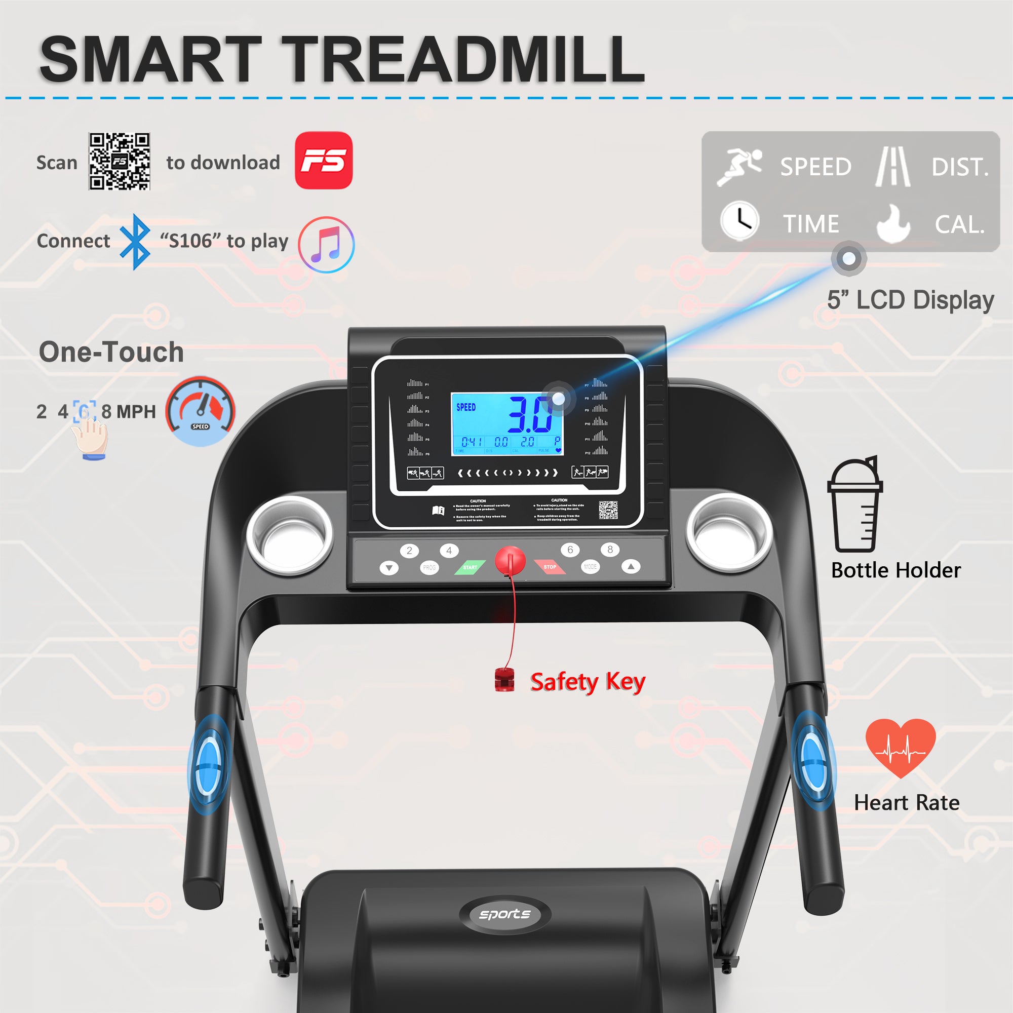 Fitshow App Home Foldable Treadmill With Incline, Folding Treadmill For Home Workout, Electric Walking Running Treadmill Machine 5 LCD Screen 250 LB Capacity Bluetooth Music - GilloServ