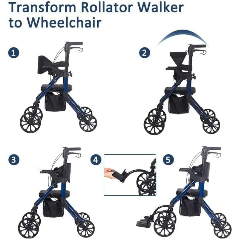 2 IN 1 Rollator Walker & Transport Chair, Folding Wheelchair, Mobility Walking Aid, with Seat Belt, Padded Seat, and Detachable - GilloServ