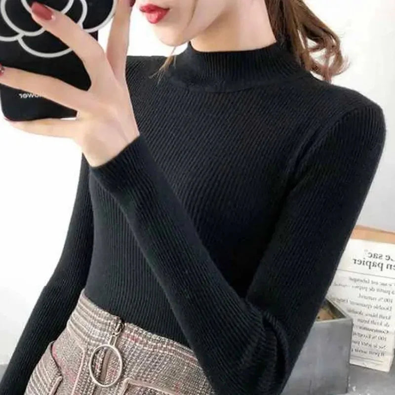 Autumn Winter Mock Neck Women Sweater Vintage Basic Solid Knitted Tops - GilloServ