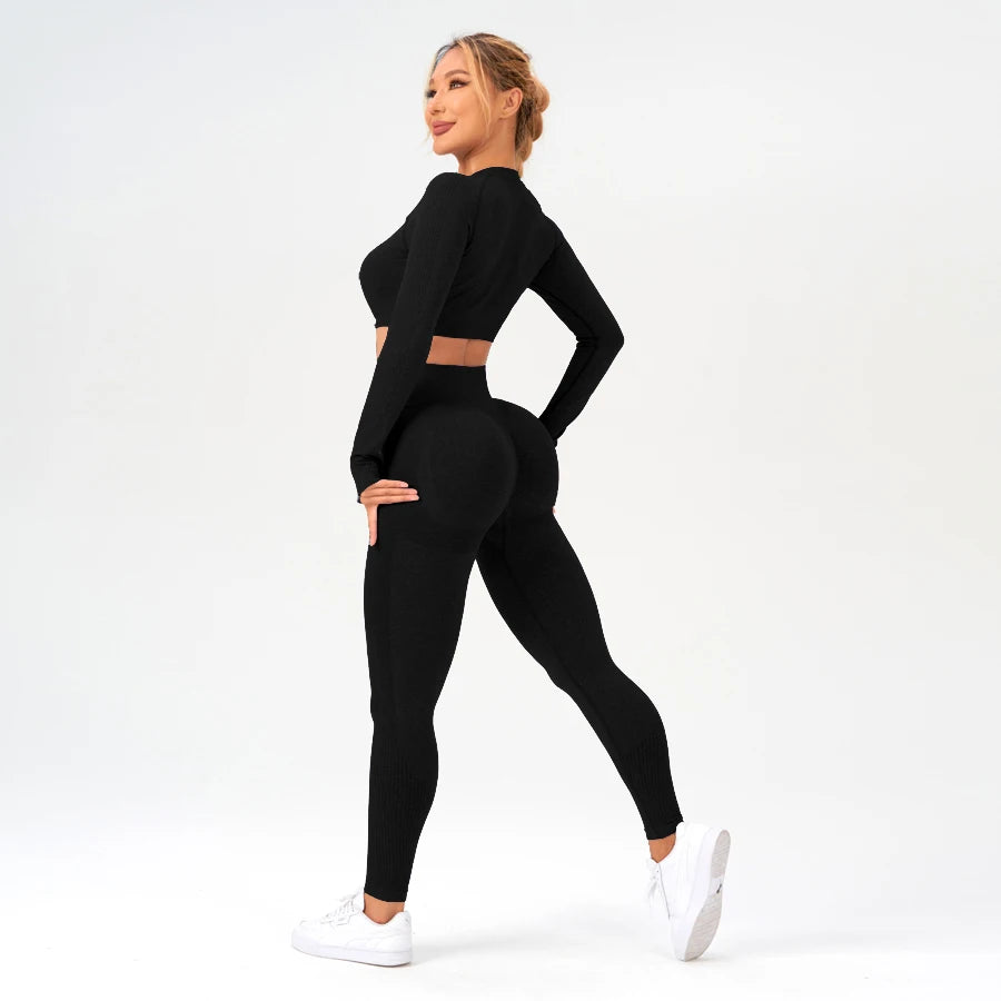 2 pcs/set Long Sleeve Yoga Leggings Set Sportswear Woman Gym Seamless Workout Outfit Yoga Clothes Womens Tracksuit Activewear - GilloServ