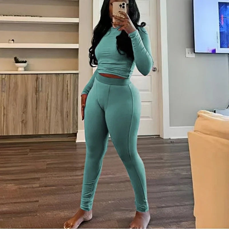 New Ribbing 2 Piece Sets Women Outfit Solid Long Sleeve Crop Top + High Waist Leggings Suits Sportswear - GilloServ