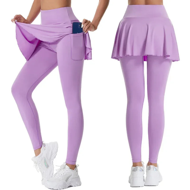 Women High Waist Leggings Solid Color Tennis Pleated Skirts Autumn Winter Fitness Sports - GilloServ