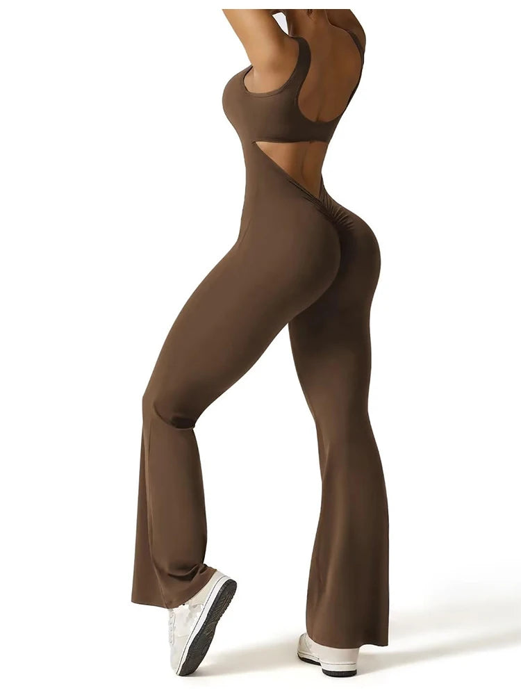Summer New Women's Slim Hip Lifting Jumpsuit U Neck Sexy Hottie Backless Sleeveless Flared Pants Sports Yoga Wear - GilloServ