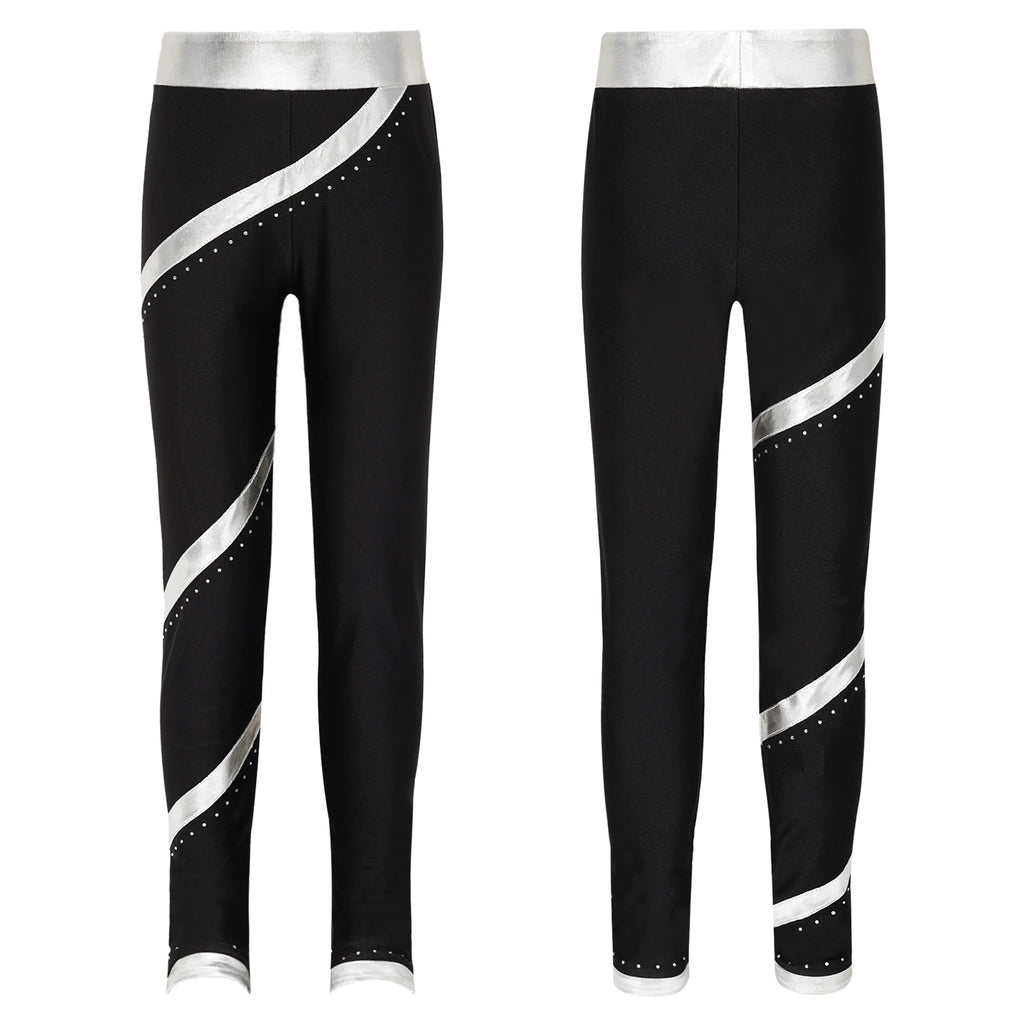 Kids Girls Figure Skating Pants Stretchy Skinny Workout Dance Leggings - GilloServ