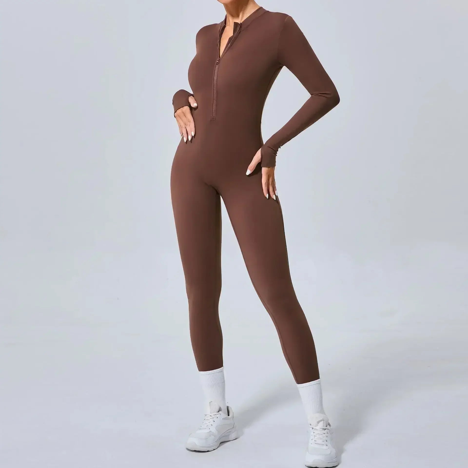 Seamless Yoga Jumpsuits Sports Fitness Hip-lifting Skinny Long-sleeved Zipper Winter Workout Gym Leggings Sportswear for Women - GilloServ