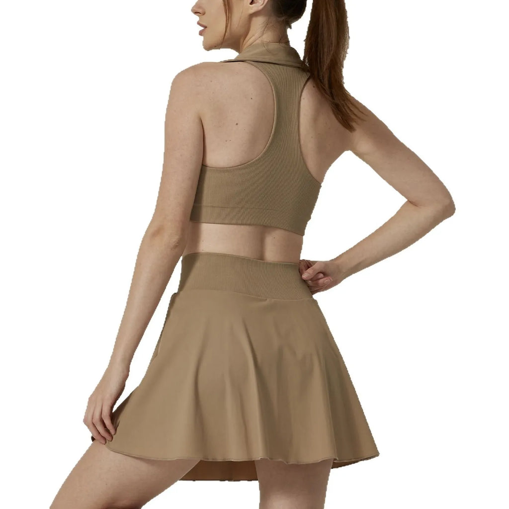 2PCS Yoga Set Gym Set Women Tracksuit Lapel Vest Sports Short Skirt Workout Fitness Set Breathable Yoga Nude Tennis Clothes - GilloServ