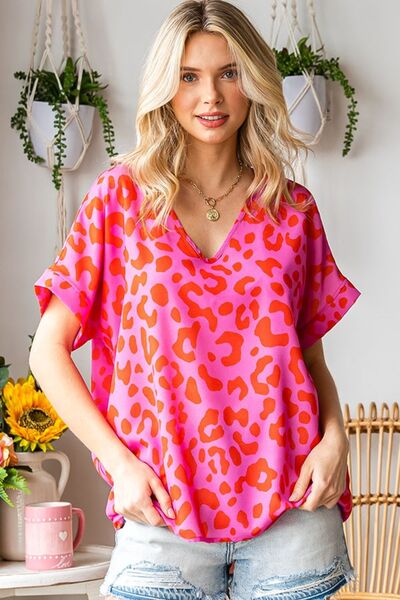 First Love Leopard V-Neck Short Sleeve Woven Top - GilloServ