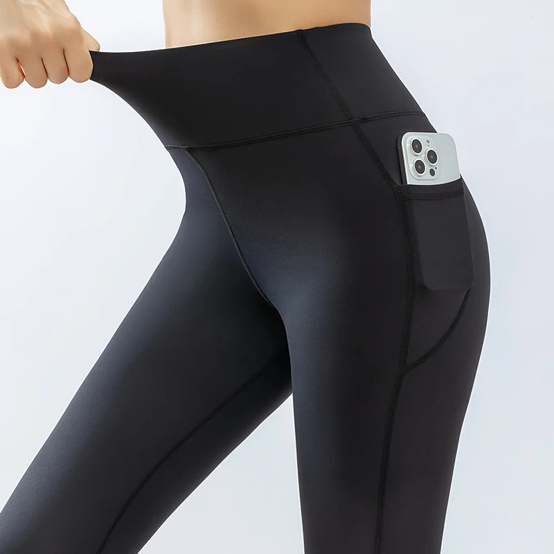 High Waist Quick Drying Butt Lifting Yoga Pants With Pocket, High Strech Running Sports Fitness Leggings, Women's Activewear - GilloServ