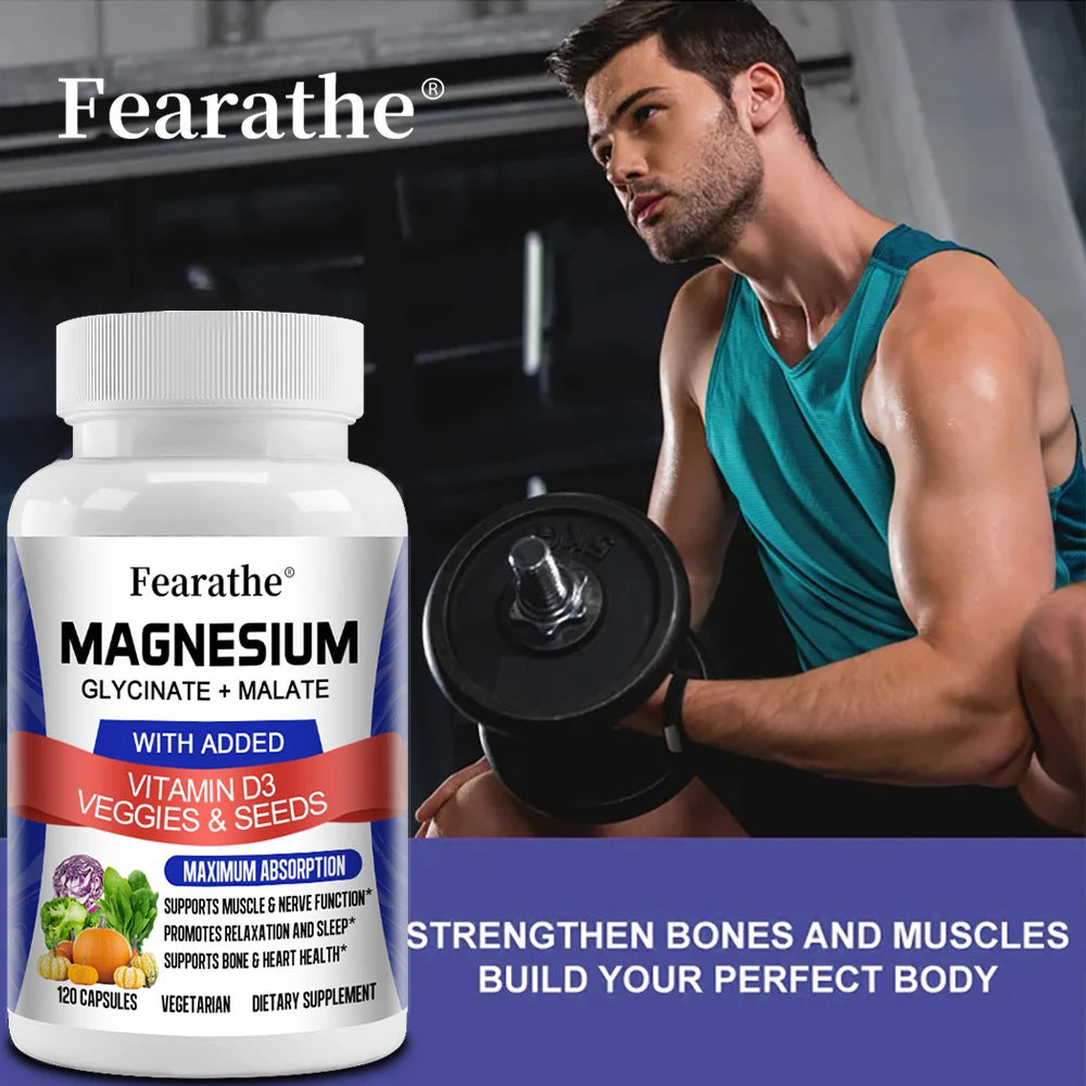 Magnesium Glycinate & Malate Complex, Vitamin D3, Max Absorption - for Bone Heart Sleep Nerve Muscle 120 Veggie Capsules - GilloServ