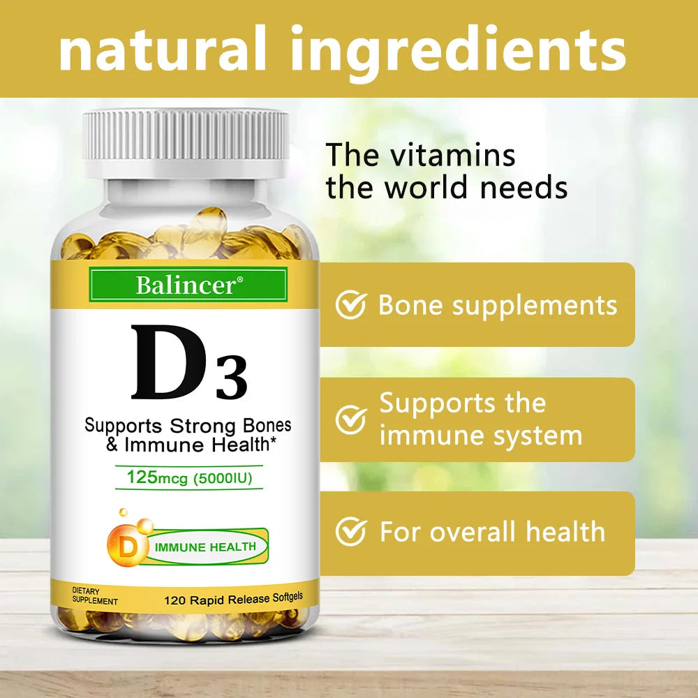 Balincer Vitamin D3 5000 IU (125 Mcg), Dietary Supplement for Bone, Teeth, Muscle and Immune Health Support, 30/60/120 Softgels - GilloServ