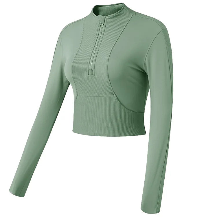 Women Cropped Sports Jacket Half Zipper High Collar Tight Yoga Activewear - GilloServ