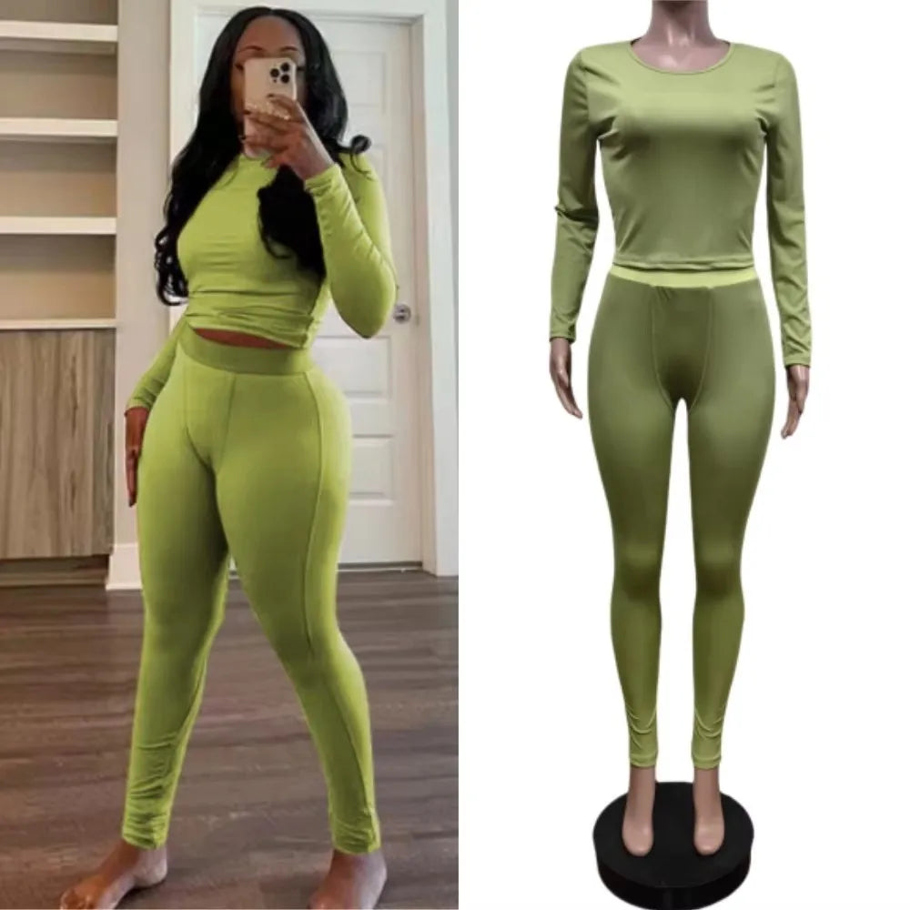 New Ribbing 2 Piece Sets Women Outfit Solid Long Sleeve Crop Top + High Waist Leggings Suits Sportswear - GilloServ