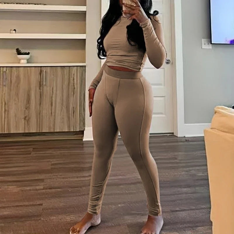 New Ribbing 2 Piece Sets Women Outfit Solid Long Sleeve Crop Top + High Waist Leggings Suits Sportswear - GilloServ