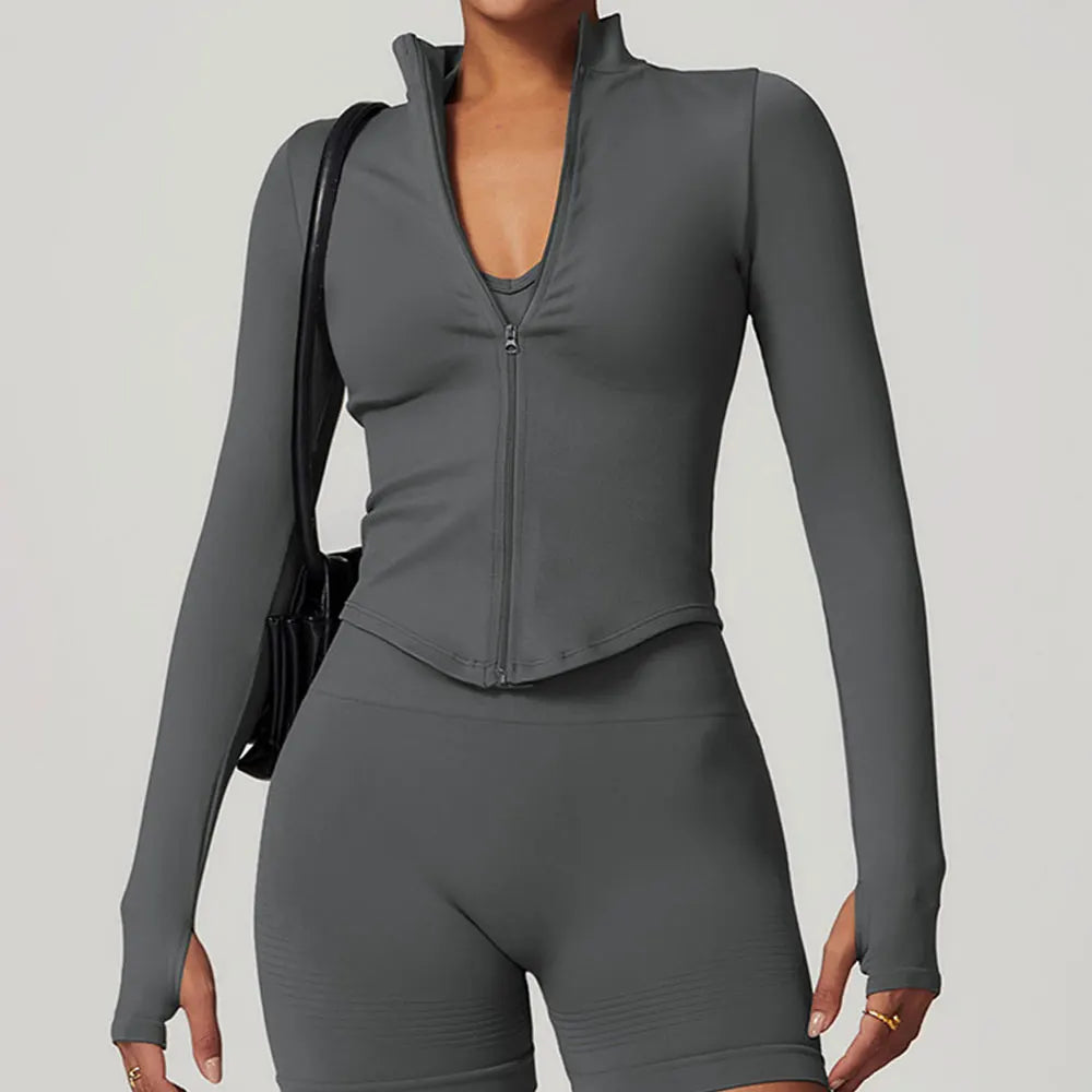 Zipper Women Crop Tops Yoga T-shirts Solid // Long Sleeve Running Shirts Sexy Quick Dry Fitness Jacket Gym Sport Wear - GilloServ
