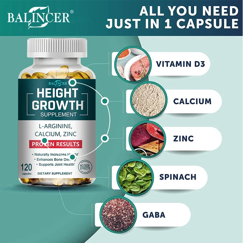 Height Growth Supplement - with Calcium, Vitamin D3 To Support Joint Health, Bone Strengthening and Growth - 120 Capsules - GilloServ
