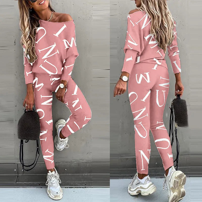 2-piece Set Of Women's Fashion Letter Print Sexy Off-shoulder Leggings Trousers Autumn New Casual Comfortable Sportswear - GilloServ