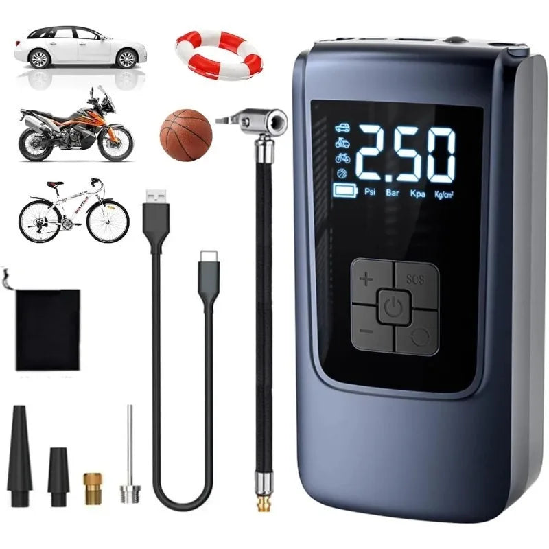Portable Air Compressor for Car Motorcycle Bicycle - Fast Tire Inflator with Accurate Pressure Gauge - GilloServ