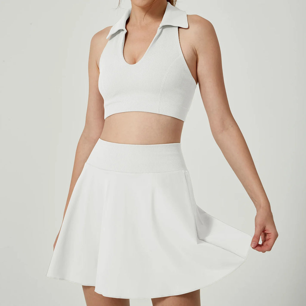 2PCS Yoga Set Gym Set Women Tracksuit Lapel Vest Sports Short Skirt Workout Fitness Set Breathable Yoga Nude Tennis Clothes - GilloServ