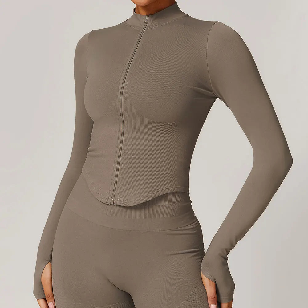Zipper Women Crop Tops Yoga T-shirts Solid // Long Sleeve Running Shirts Sexy Quick Dry Fitness Jacket Gym Sport Wear - GilloServ