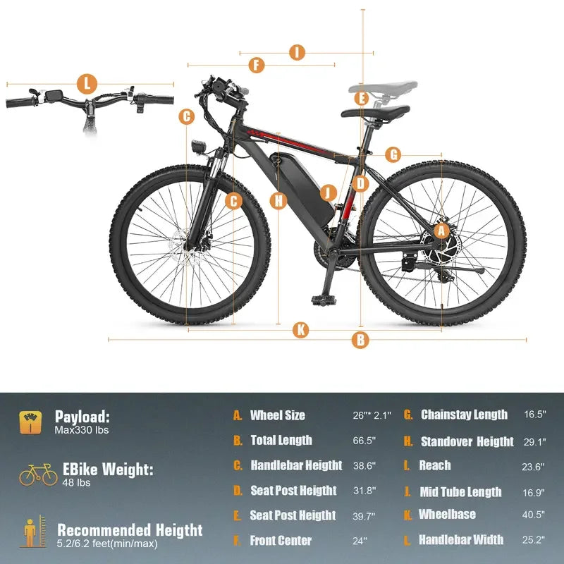 26" Electric Motorcycles Mountain Bike for Adults, 500W Motor 36V 48V Battery Electric Bicycle - GilloServ