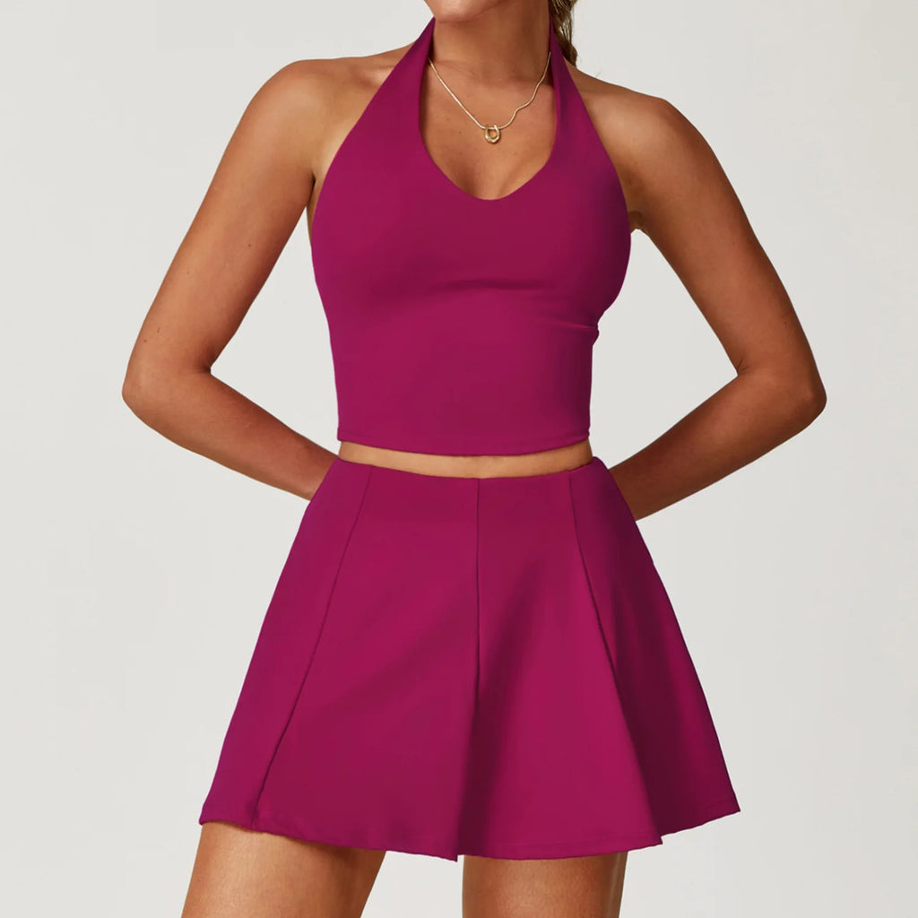 Women’s 2-Piece Tracksuit Yoga Set with Tennis Skirt, Short Sports Suit Gym Outfit, Fitness Golf Dress Activewear Workout Clothe - GilloServ
