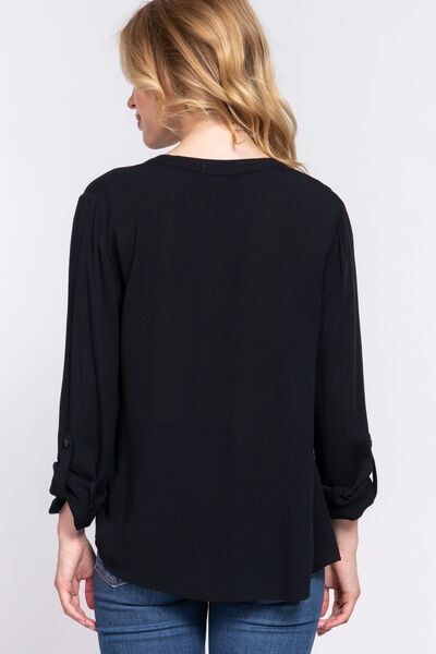 ACTIVE BASIC Full Size Notched Long Sleeve Woven Top - GilloServ