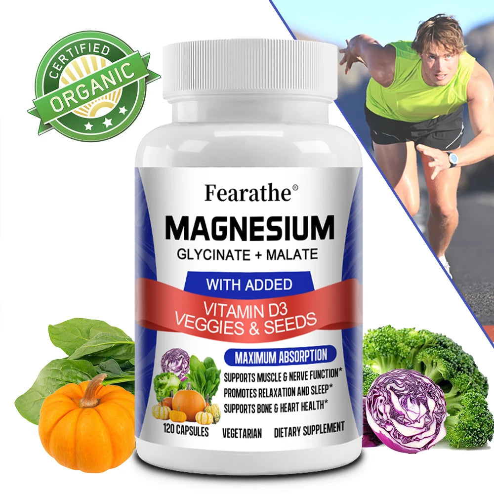 Magnesium Glycinate & Malate Complex, Vitamin D3, Max Absorption - for Bone Heart Sleep Nerve Muscle 120 Veggie Capsules - GilloServ