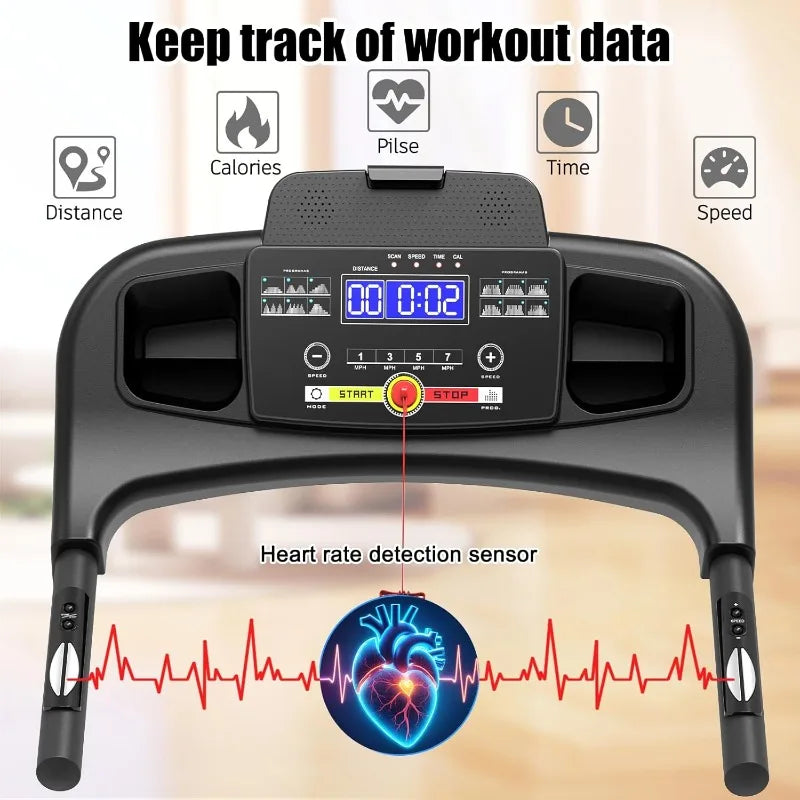 Foldable Treadmill 3.0 HP Quiet Brushless, 7.5 MPH, 300 LBS Capacity for Home Gym Use with Pulse Sensor LED Display Treadmill - GilloServ