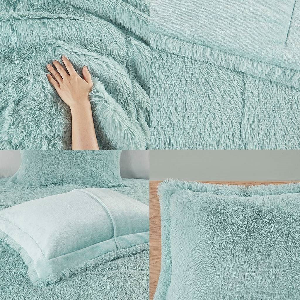 Twin XL Soft Sherpa Faux Fur 2 Piece Comforter Set Light Teal Blue