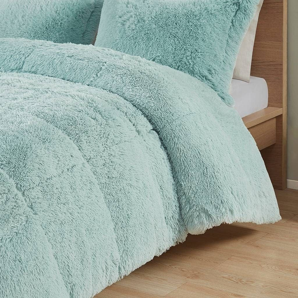 Twin XL Soft Sherpa Faux Fur 2 Piece Comforter Set Light Teal Blue