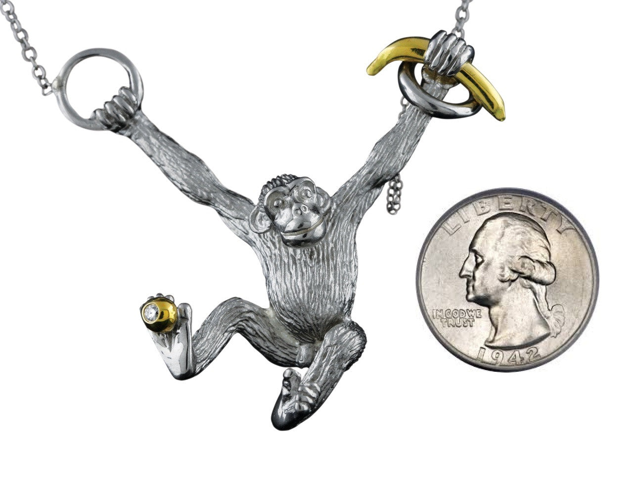 Drop the Banana- Chimp necklace- Sterling Silver- 18K gold plate banana & diamond dot-2