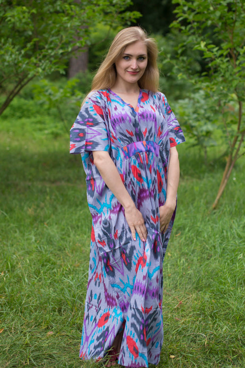 Gray Unfurl Style Caftan in Ikat Aztec Pattern-0