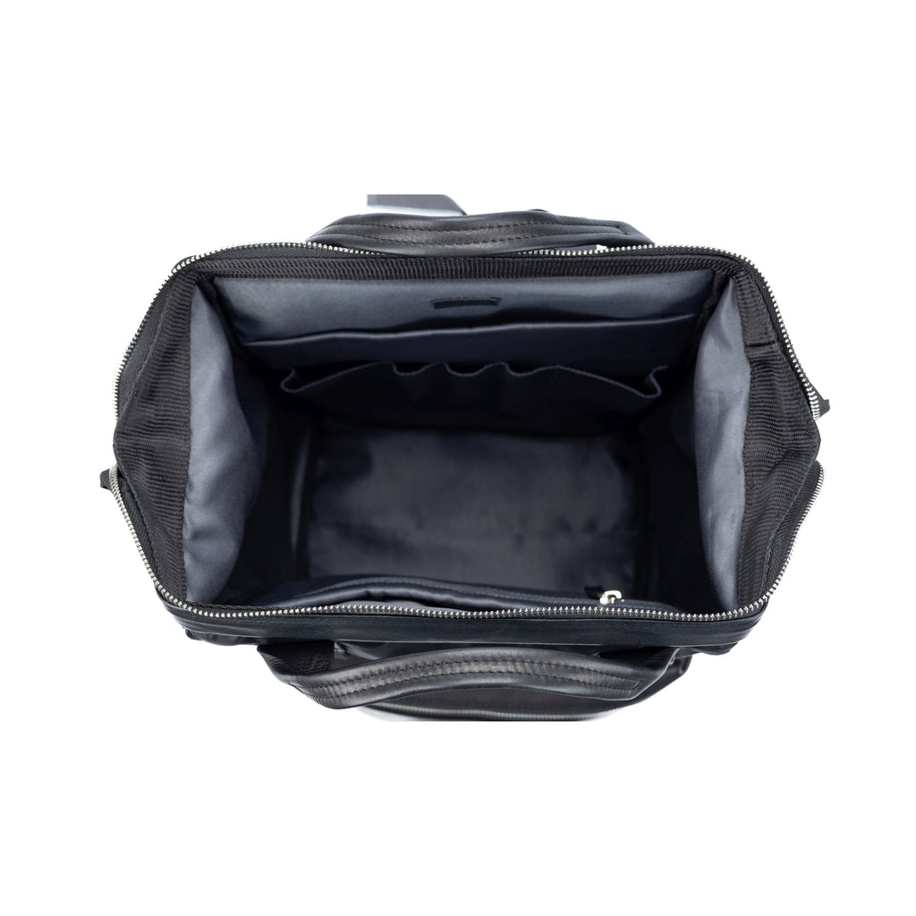 Waterproof Nylon Backpack/Full Grain Leather with Light Grain - Black - GilloServ